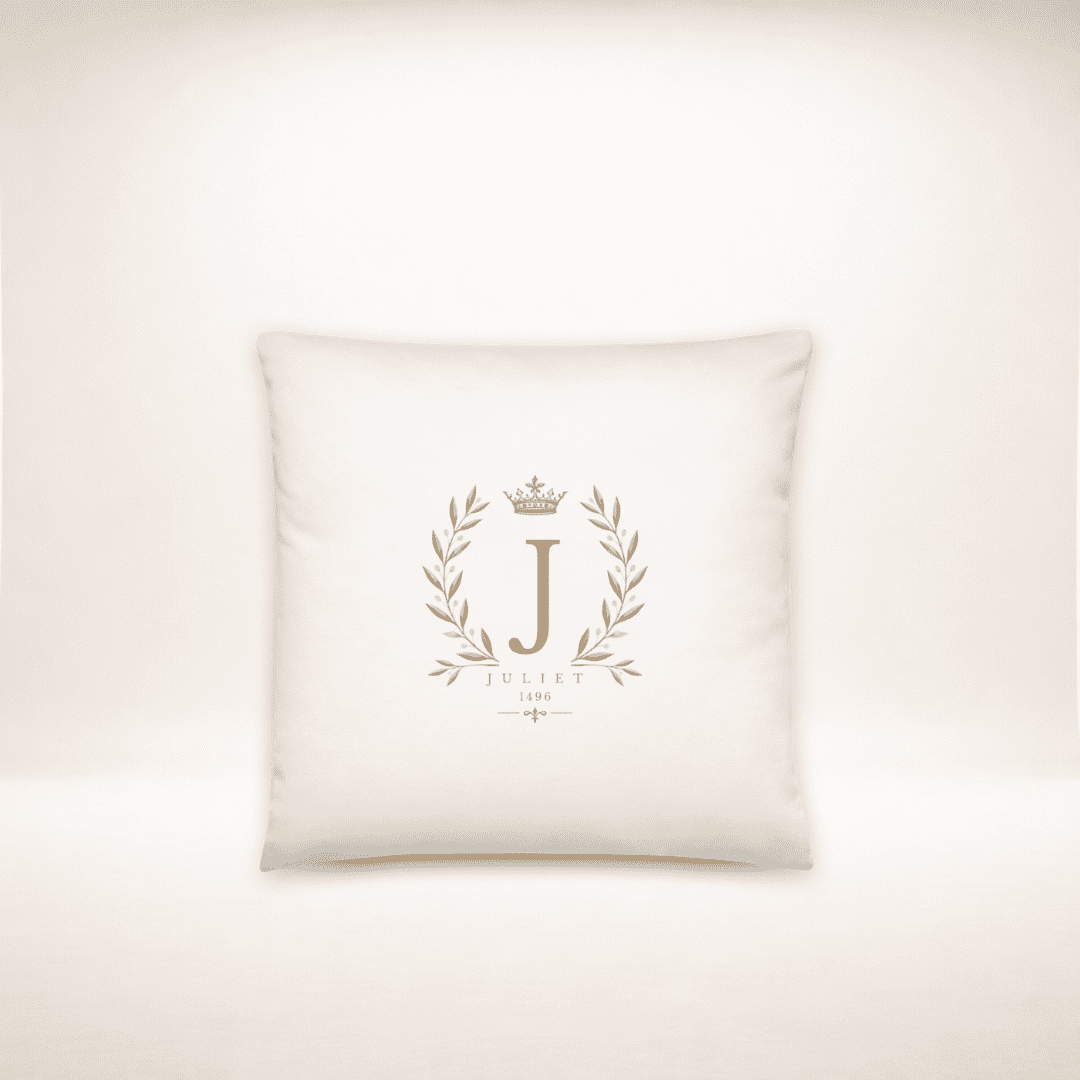 Juliet Monogram Kissen 14 × 14 Zoll in Weiß mit goldenem J-Wappen