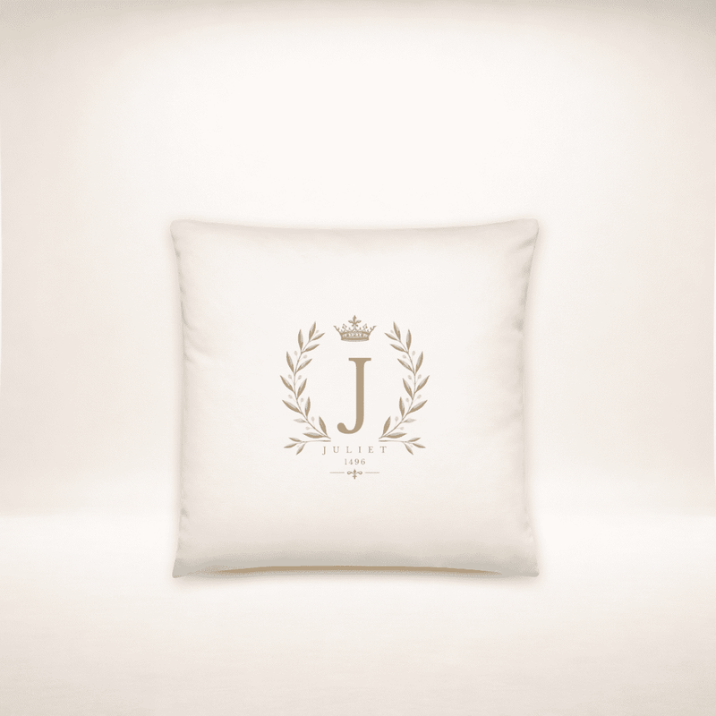 Juliet Monogram Kissen 14 × 14 Zoll in Weiß mit goldenem J-Wappen