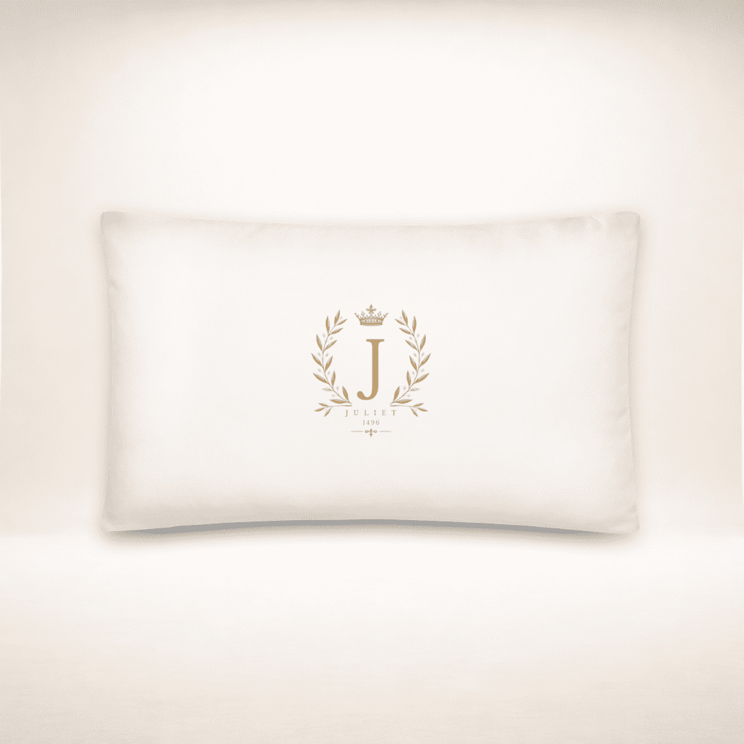Juliet Monogram Kissen 20 × 12 Zoll in Weiß mit goldenem J-Wappen