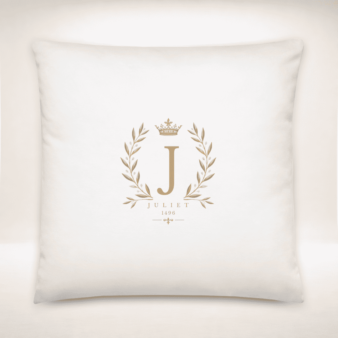 Juliet Monogram Kissen 22 × 22 Zoll in Weiß mit goldenem J-Wappen