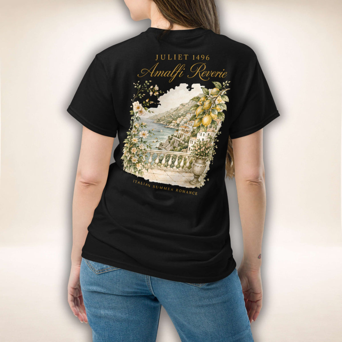 Amalfi Reverie Shirt in Schwarz, Rückenansicht mit mediterranem Motiv