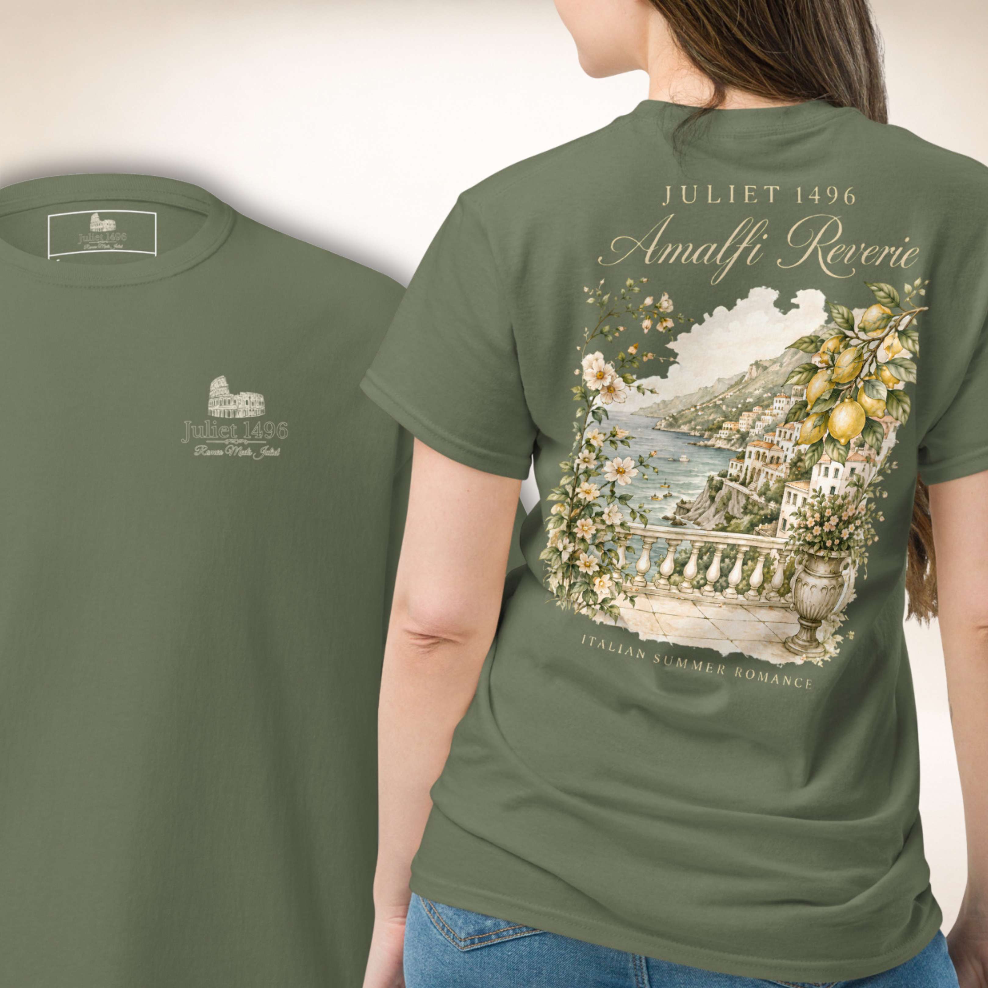 Amalfi Reverie Shirt in Olivgrün, Vorder- und Rückseite