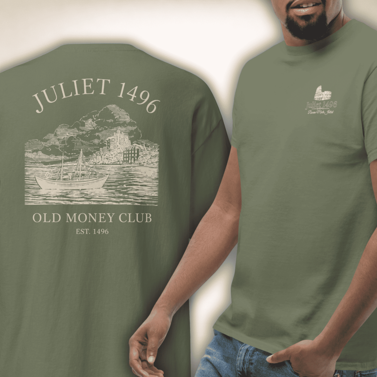 Old Money Club Shirt in Olivgrün, Vorder- und Rückseite