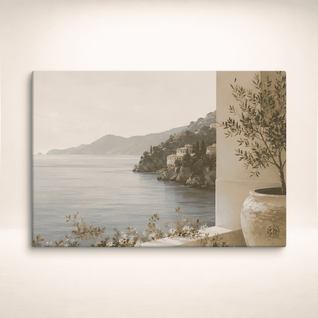 Amalfi Stillness Leinwandbild von Juliet 1496 mit mediterranem Küstenmotiv an einer hellen Wand