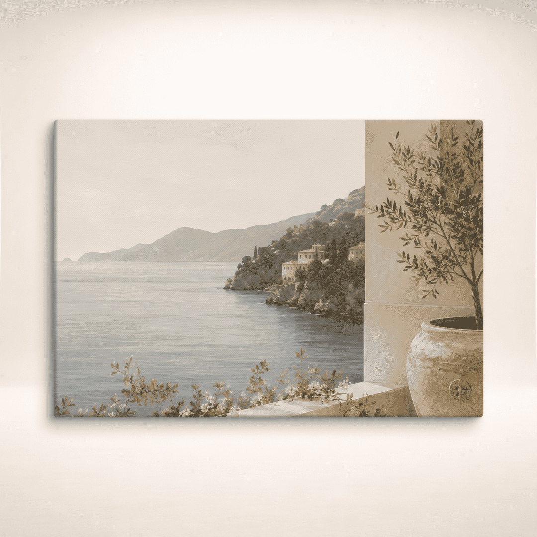 Amalfi Stillness Leinwandbild von Juliet 1496 mit mediterranem Küstenmotiv an einer hellen Wand
