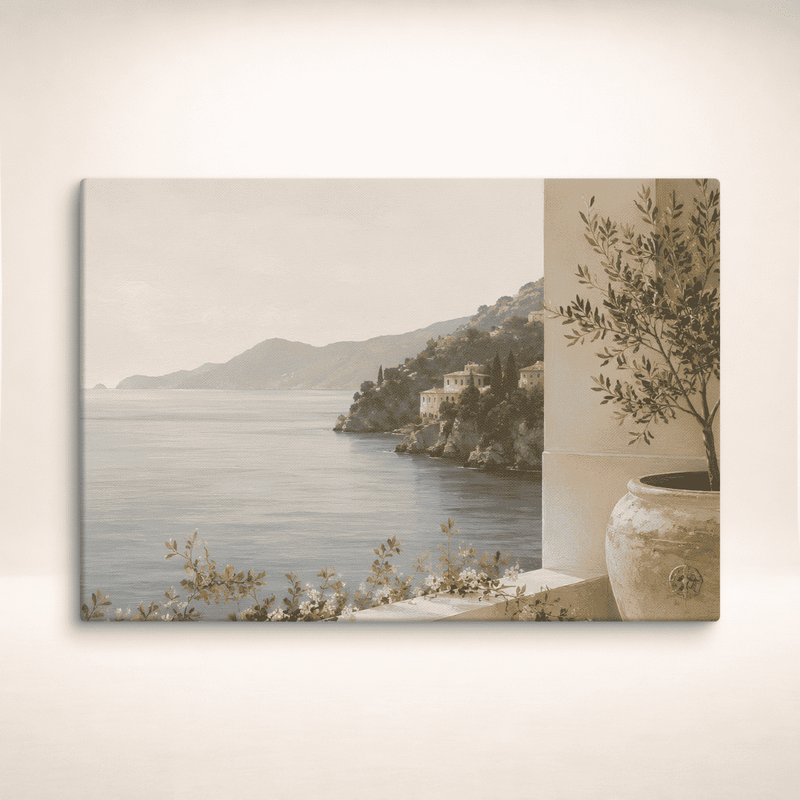 Amalfi Stillness Leinwandbild von Juliet 1496 mit mediterranem Küstenmotiv an einer hellen Wand