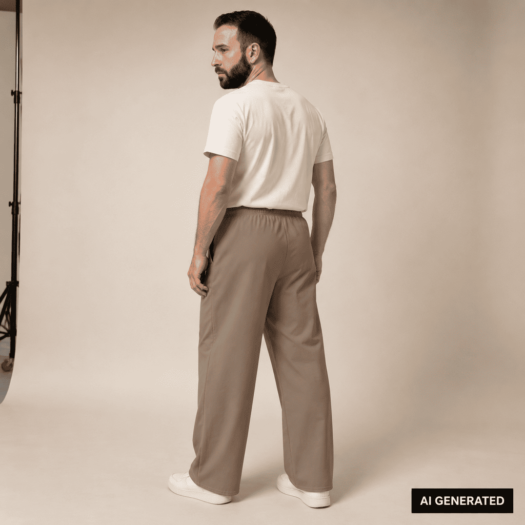 KI-generierte Darstellung: Mann trägt die braune Baumwollhose in seitlicher Rückenansicht im Studio
