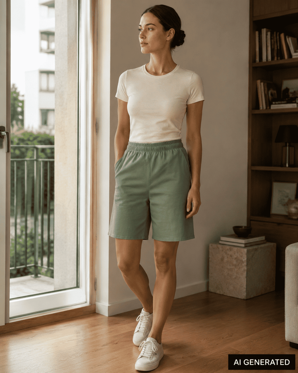 KI-generierte Darstellung: Frau trägt die grünen Unisex Baumwoll Shorts in einem hellen Wohnraum