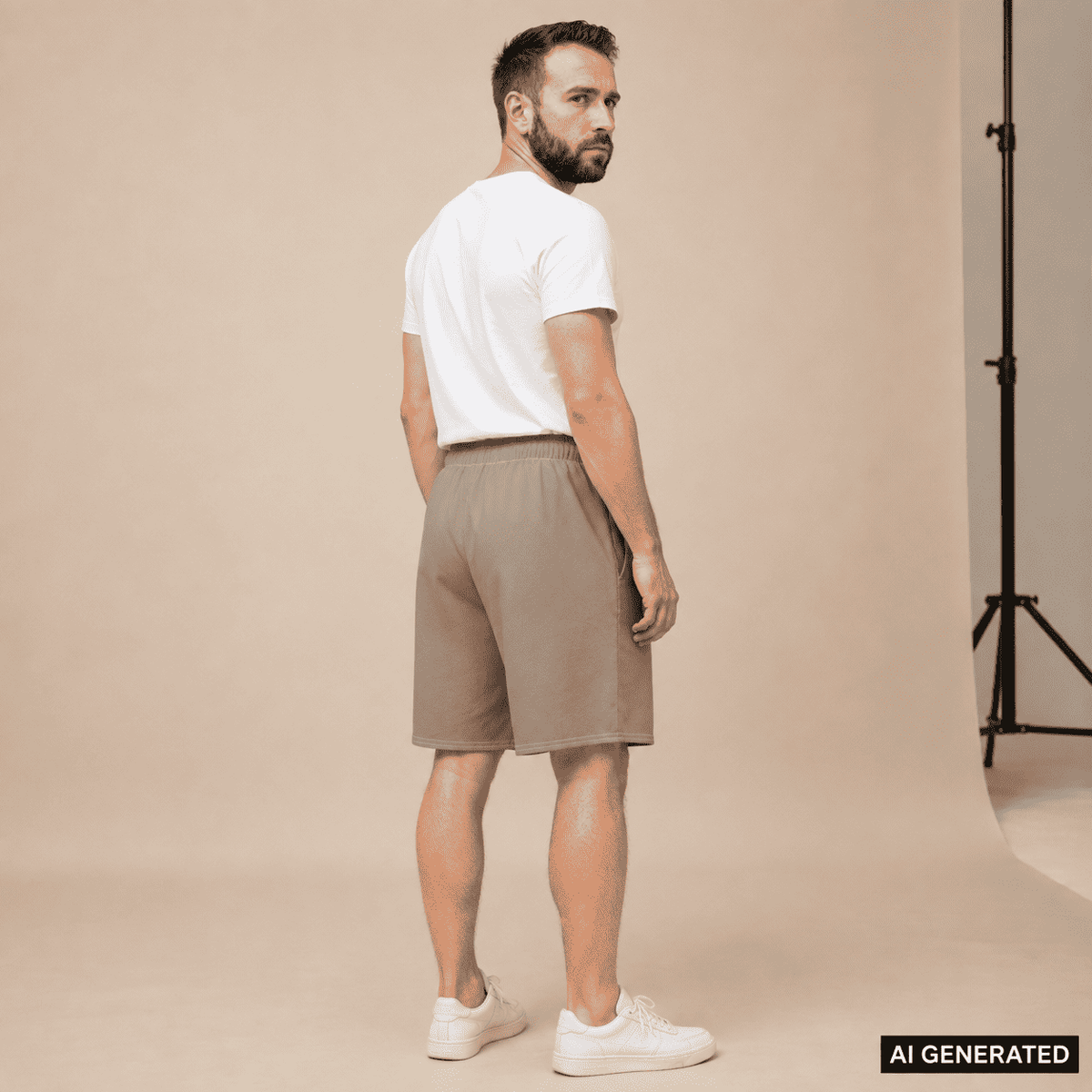 KI-generierte Darstellung: Mann trägt die braunen Unisex Baumwoll Shorts in seitlicher Rückenansicht im Studio