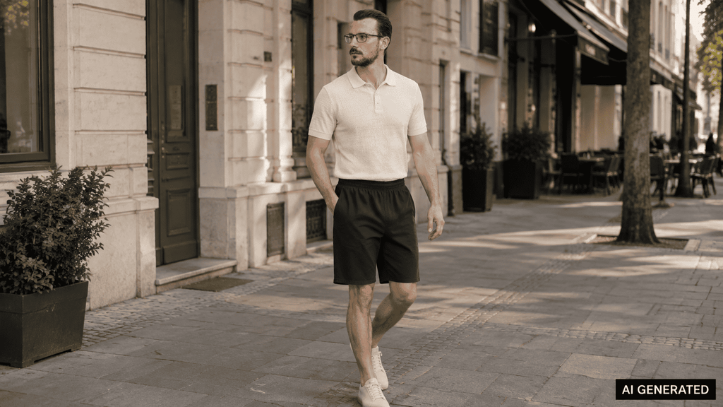 KI-generierte Darstellung: Mann geht in einer Altstadtstraße und trägt die Unisex Baumwoll Shorts in Navy Blue