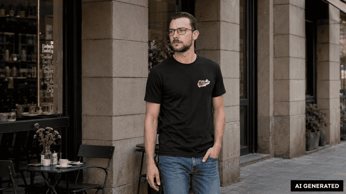 KI-generierte Darstellung: Mann trägt das schwarze Sportiva Club 26 Tee mit kleinem Brustmotiv bei einem Stadtspaziergang