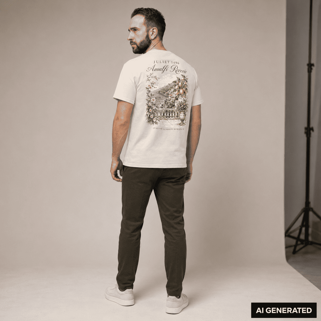 KI-generierte Darstellung: Mann trägt das naturweiße Amalfi Reverie Shirt mit großem Rückenmotiv im Studio
