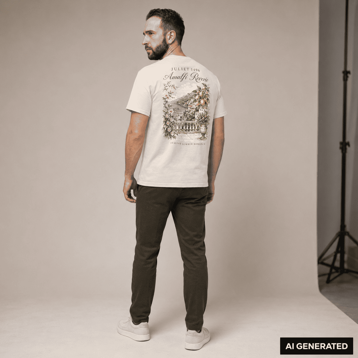 KI-generierte Darstellung: Mann trägt das naturweiße Amalfi Reverie Shirt mit großem Rückenmotiv im Studio