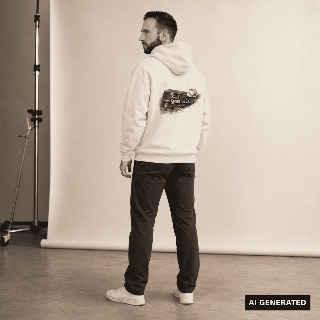 KI-generierte Darstellung: Mann trägt den naturweißen Sportiva Club 26 Hoodie mit großem Rückenmotiv im Studio