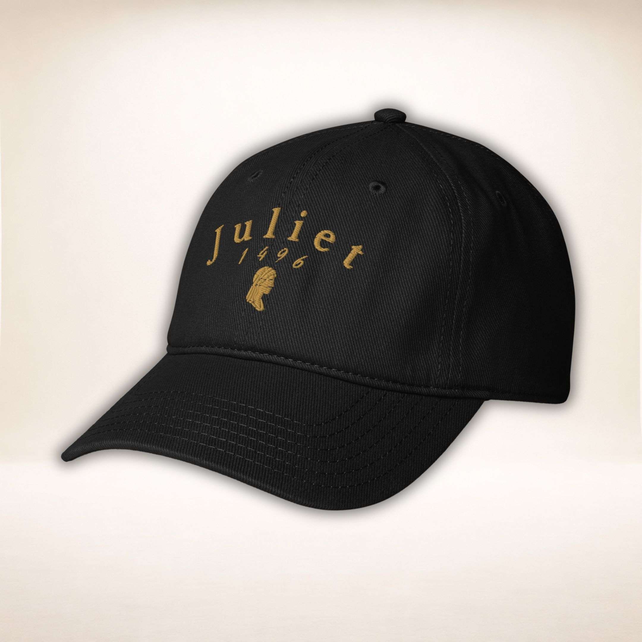 Juliet Silhouette Cap in Schwarz mit goldener Stickerei, Nahansicht