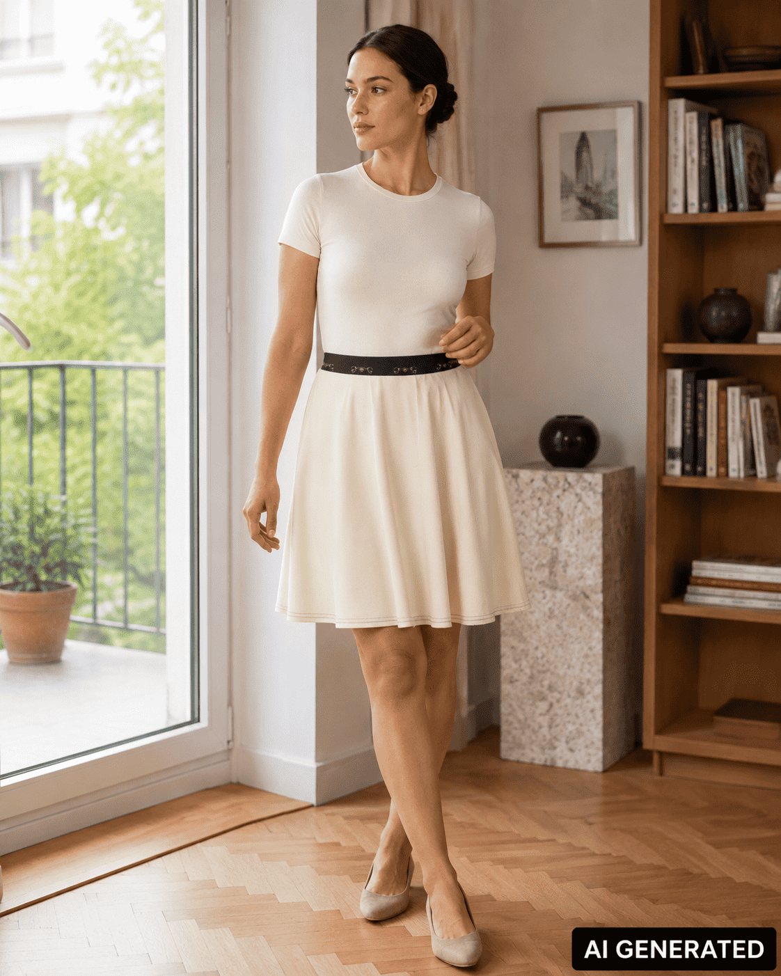 KI-generierte Darstellung einer Frau im cremefarbenen Juliet Casa Aurelia Skirt in einem hellen Wohnraum
