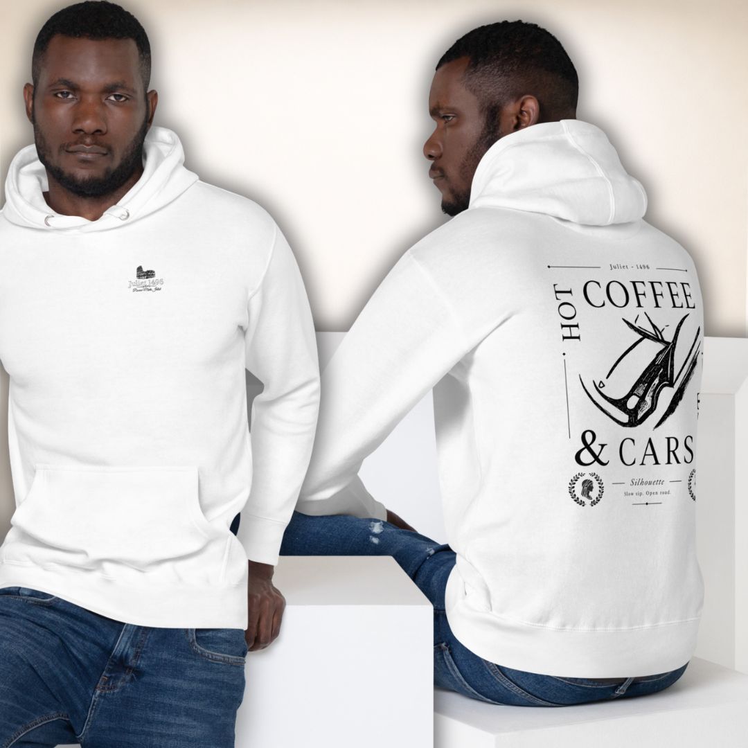 Weißer Siena Club Hoodie am Model in Vorder- und Rückansicht mit kleinem Brustlogo und schwarzem Rückenmotiv.
