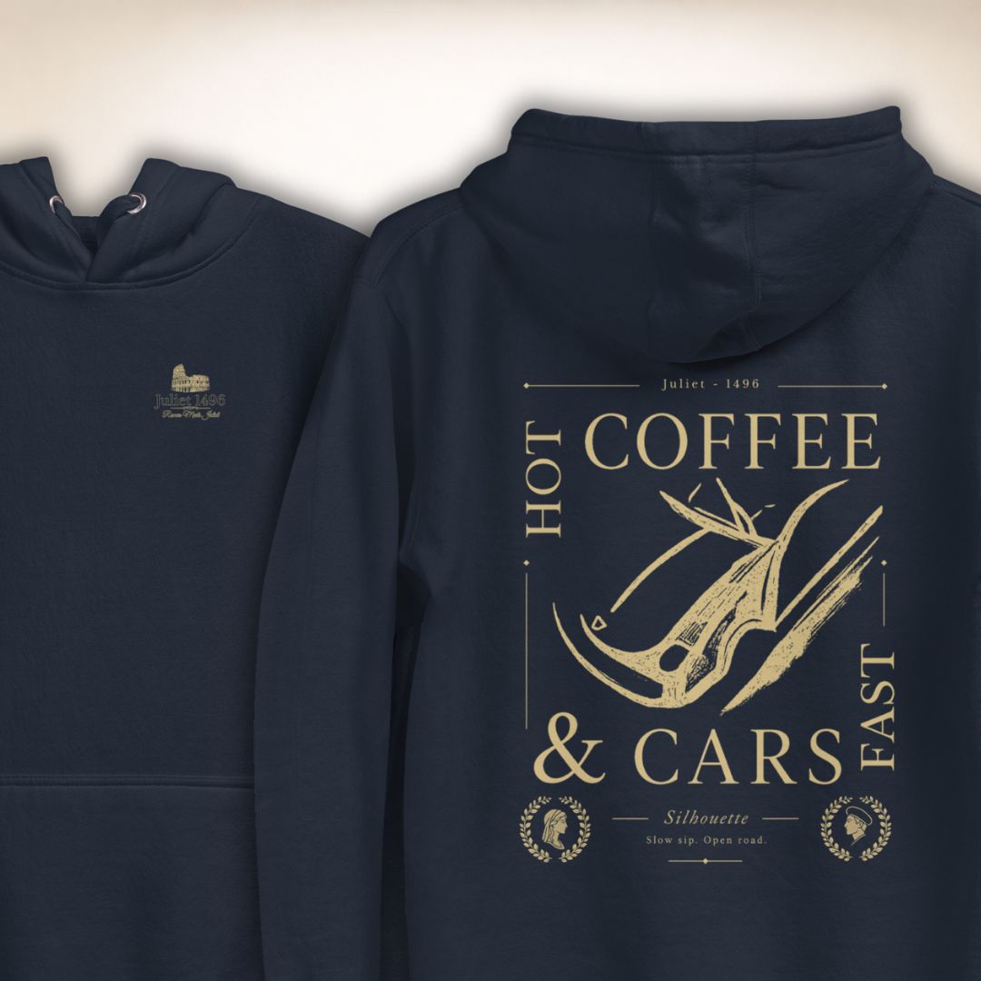 Dunkelblauer Siena Club Hoodie in Vorder- und Rückansicht mit kleinem Brustlogo und goldfarbenem Rückenmotiv.
