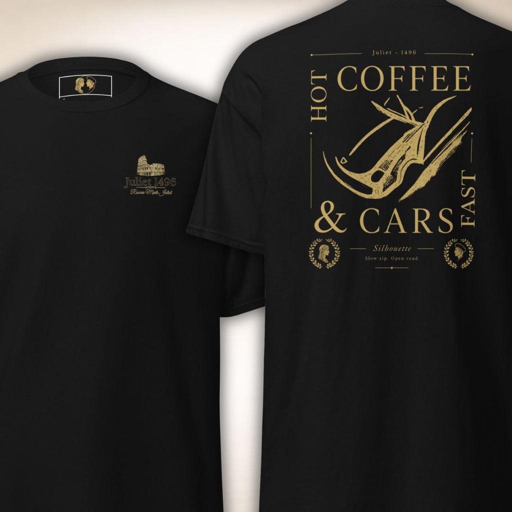 Schwarzes Siena Club T-Shirt in Vorder- und Rückansicht mit kleinem Brustlogo und goldfarbenem „Coffee & Cars“-Rückenmotiv.
