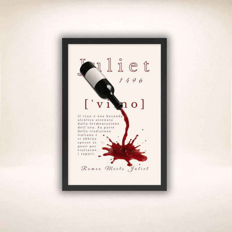 Vino Poster im schwarzen Rahmen mit Weinflasche und rotem Weinspritzer