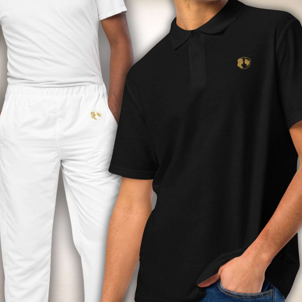 Full Polo Fit Bundle mit schwarzem Belgravia Poloshirt und weißer Riviera Ease Hose am Model
