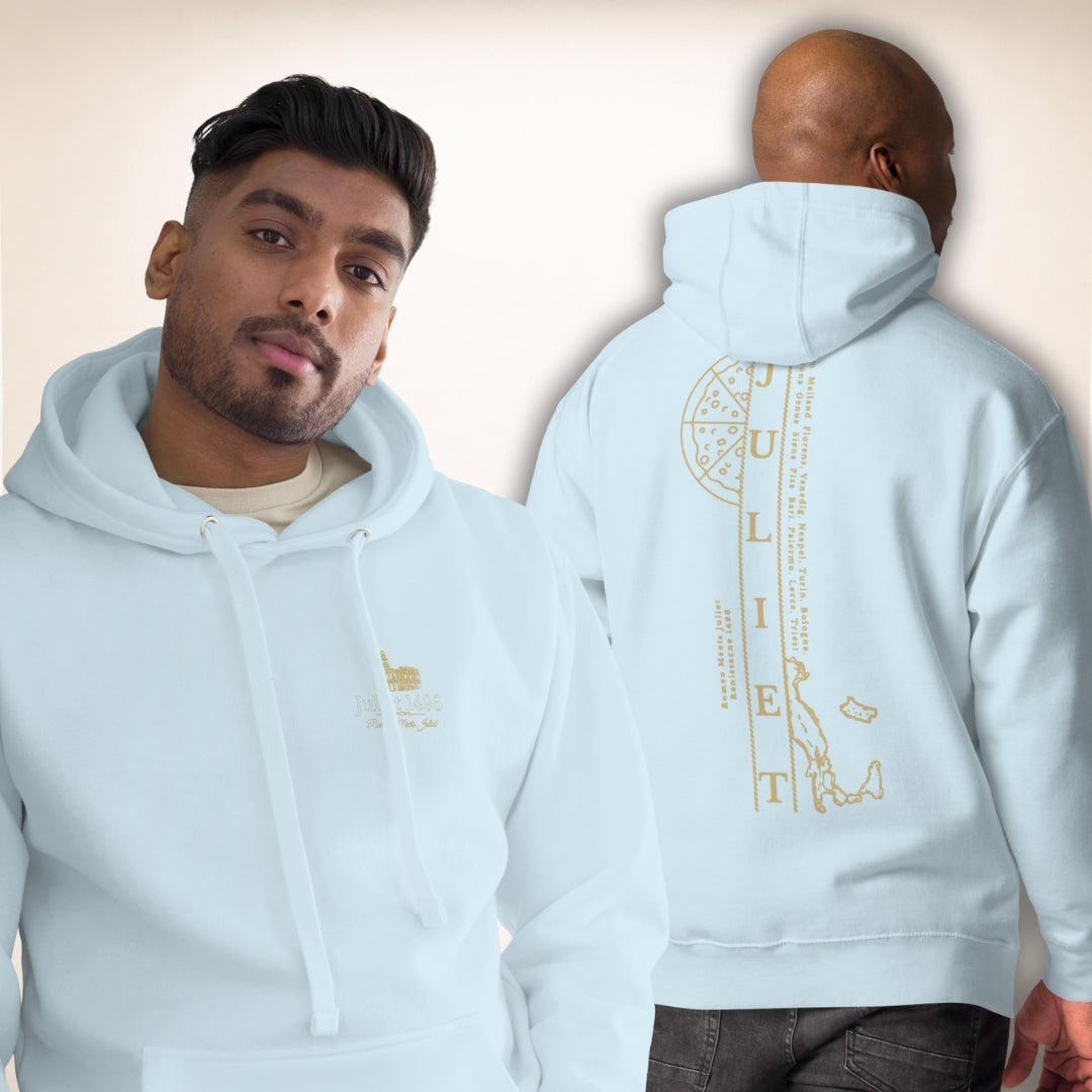 Hoodie La Serenità in Sky Blue mit goldfarbener Liniengrafik, Vorder- und Rückseite
