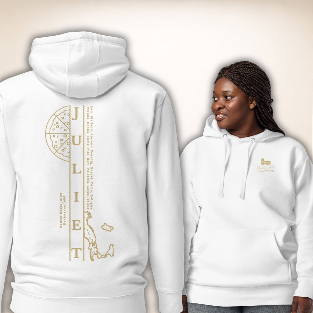 Hoodie La Serenità in Weiß mit goldfarbener Liniengrafik, Vorder- und Rückseite