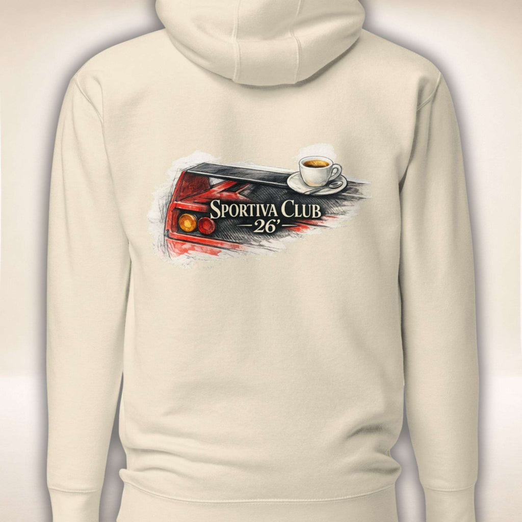 Hoodie Sportiva Club 26 in Bone mit Sportwagenheck und Espressotasse als Rückenprint