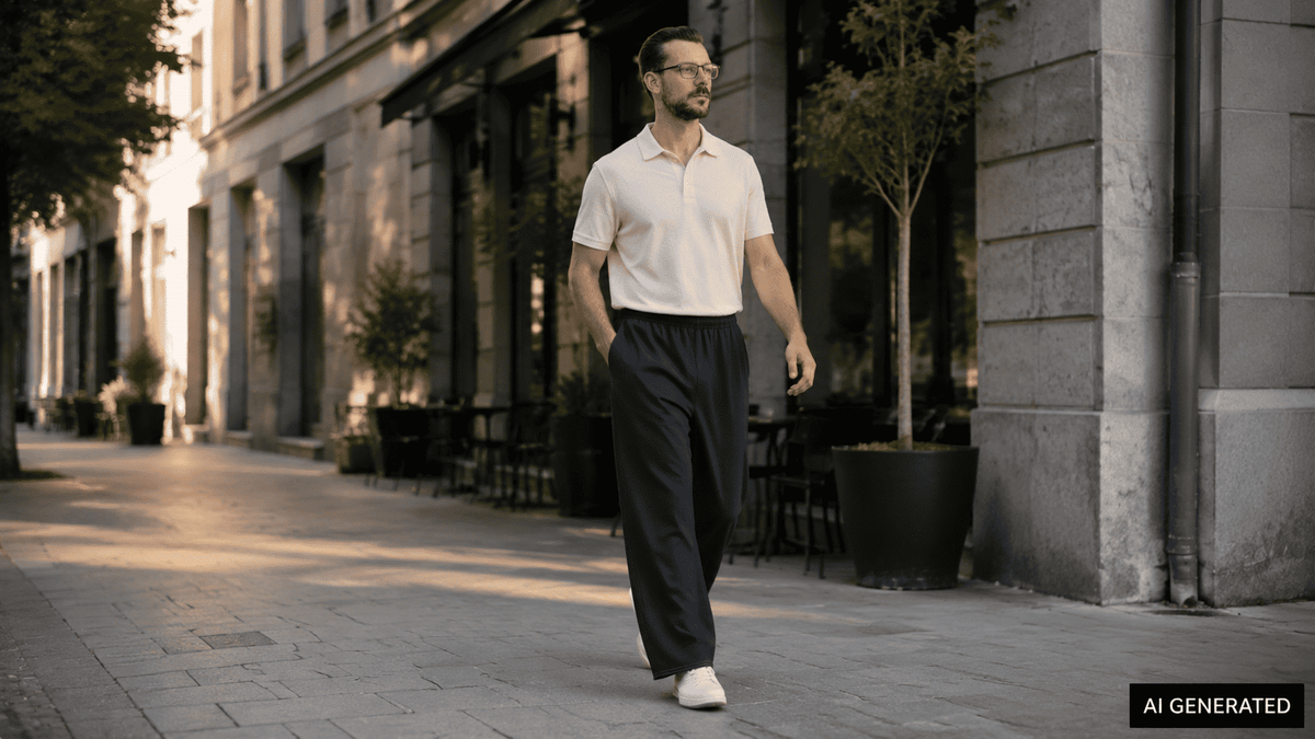 KI-Stylingbeispiel: Mann geht in einer Altstadtstraße und trägt die Baumwollhose Navy