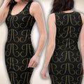 Schwarzes Kleid Monogram Noir mit goldfarbenem Monogramm, Vorder- und Rückseite am Model