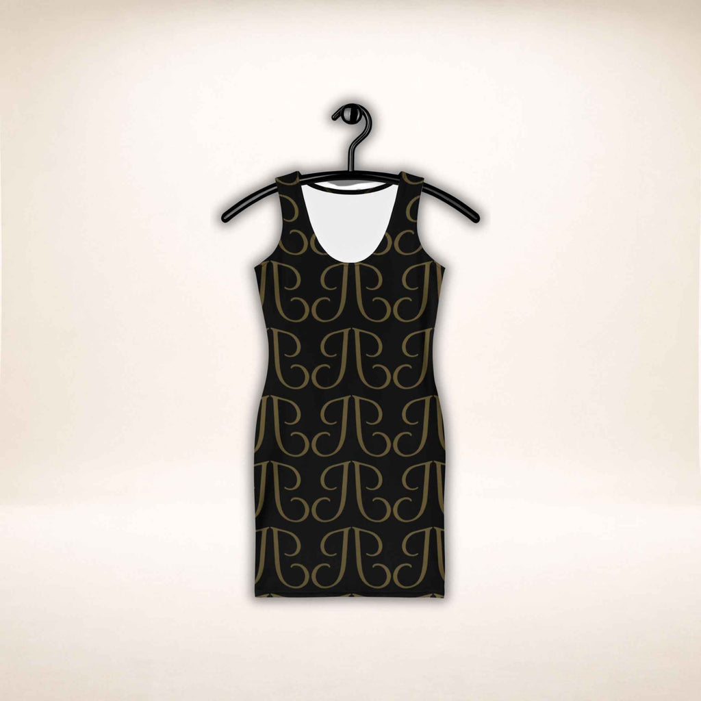 Ärmelloses Kleid Monogram Noir in Schwarz mit goldfarbenem Muster, an einem Kleiderbügel