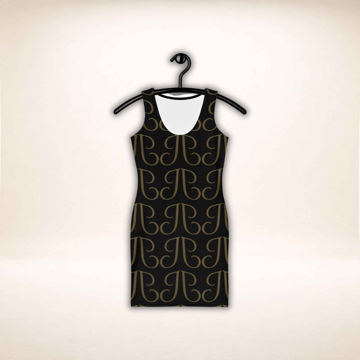 Ärmelloses Kleid Monogram Noir in Schwarz mit goldfarbenem Muster, an einem Kleiderbügel