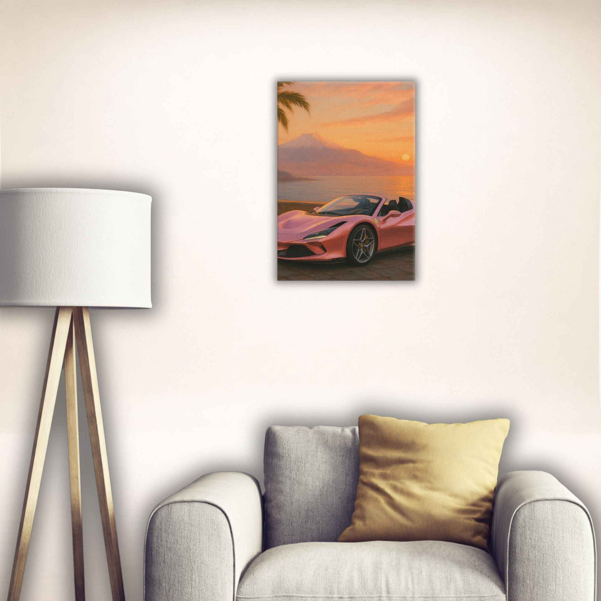 Leinwandbild Amalfi Drift mit rosafarbenem Sportwagen am Meer im Sonnenuntergang, über einem Sessel