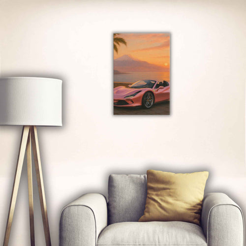 Leinwandbild Amalfi Drift mit rosafarbenem Sportwagen am Meer im Sonnenuntergang, über einem Sessel