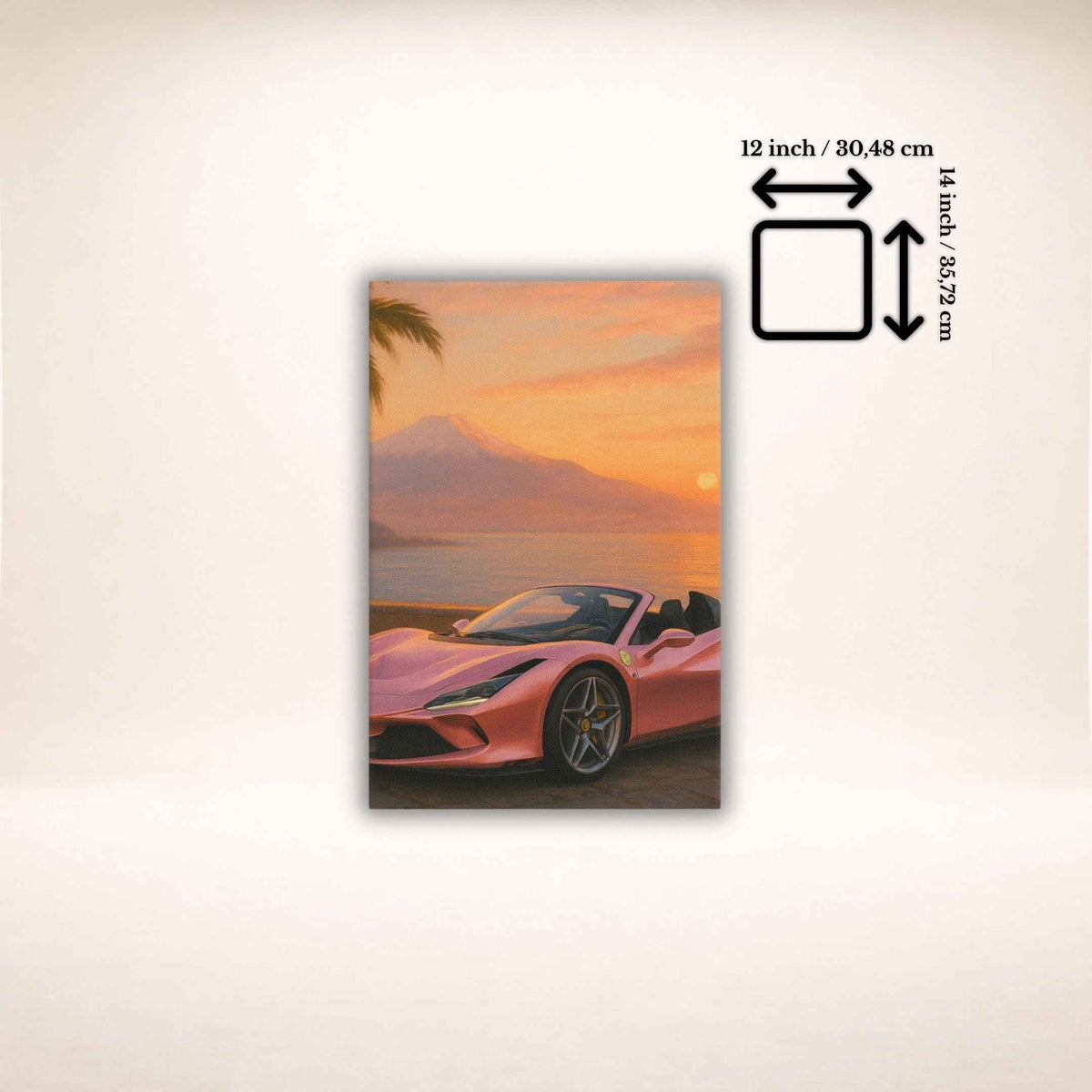 Leinwandbild Amalfi Drift mit Sportwagen und Sonnenuntergang, Größenangabe 12 × 18 Zoll