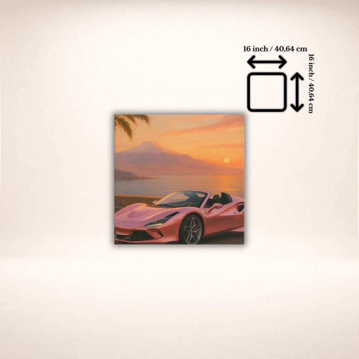 Leinwandbild Amalfi Drift mit Sportwagen und Sonnenuntergang, Größenangabe 16 × 16 Zoll