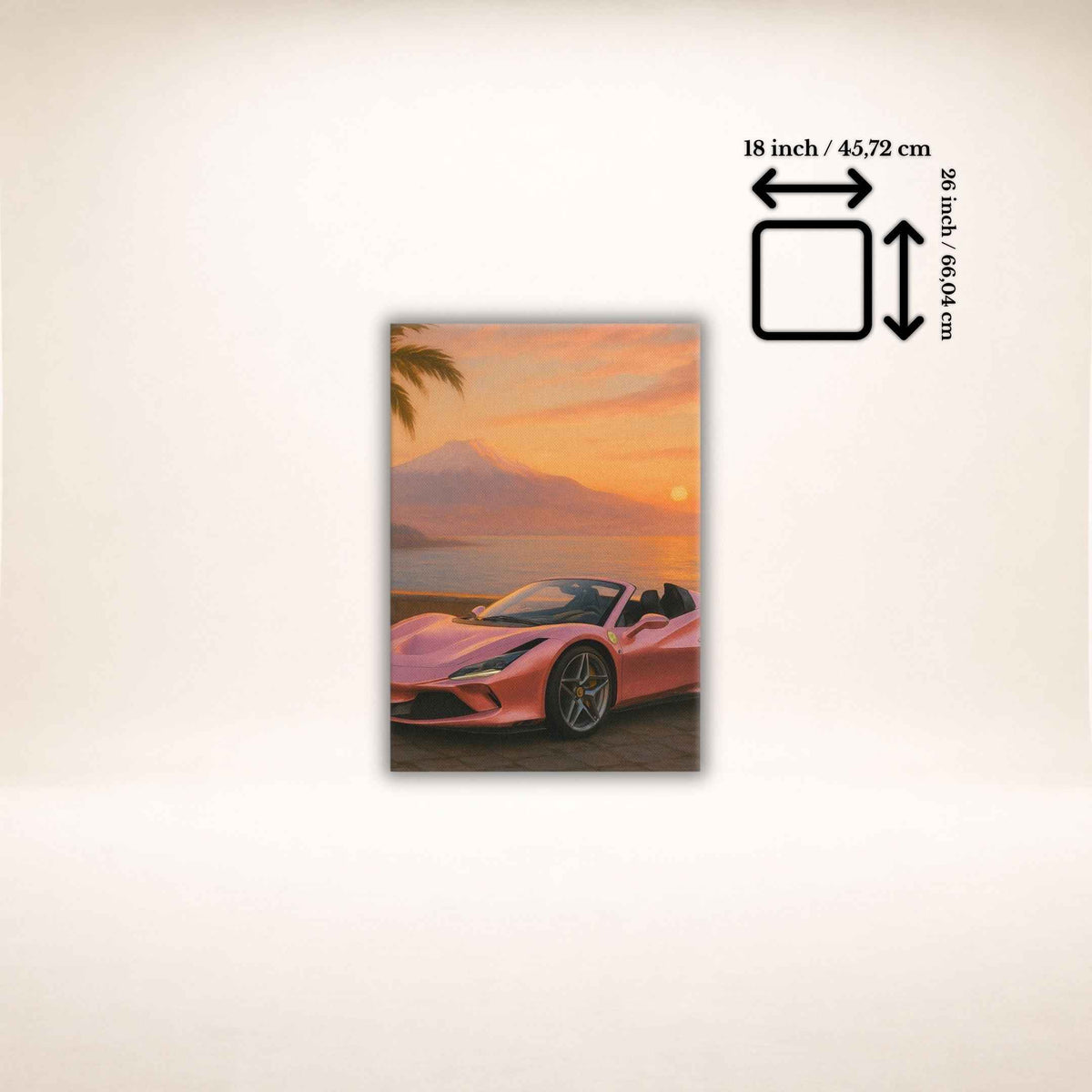Leinwandbild Amalfi Drift mit Sportwagen und Sonnenuntergang, Größenangabe 18 × 26 Zoll