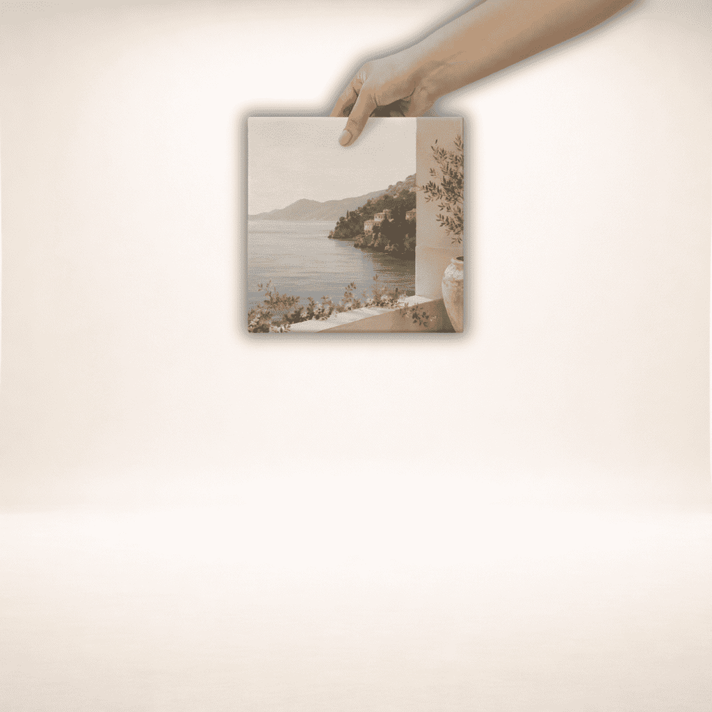 Leinwandbild Amalfi Stillness mit Küste und Olivenzweigen, quadratisches Format in einer Hand