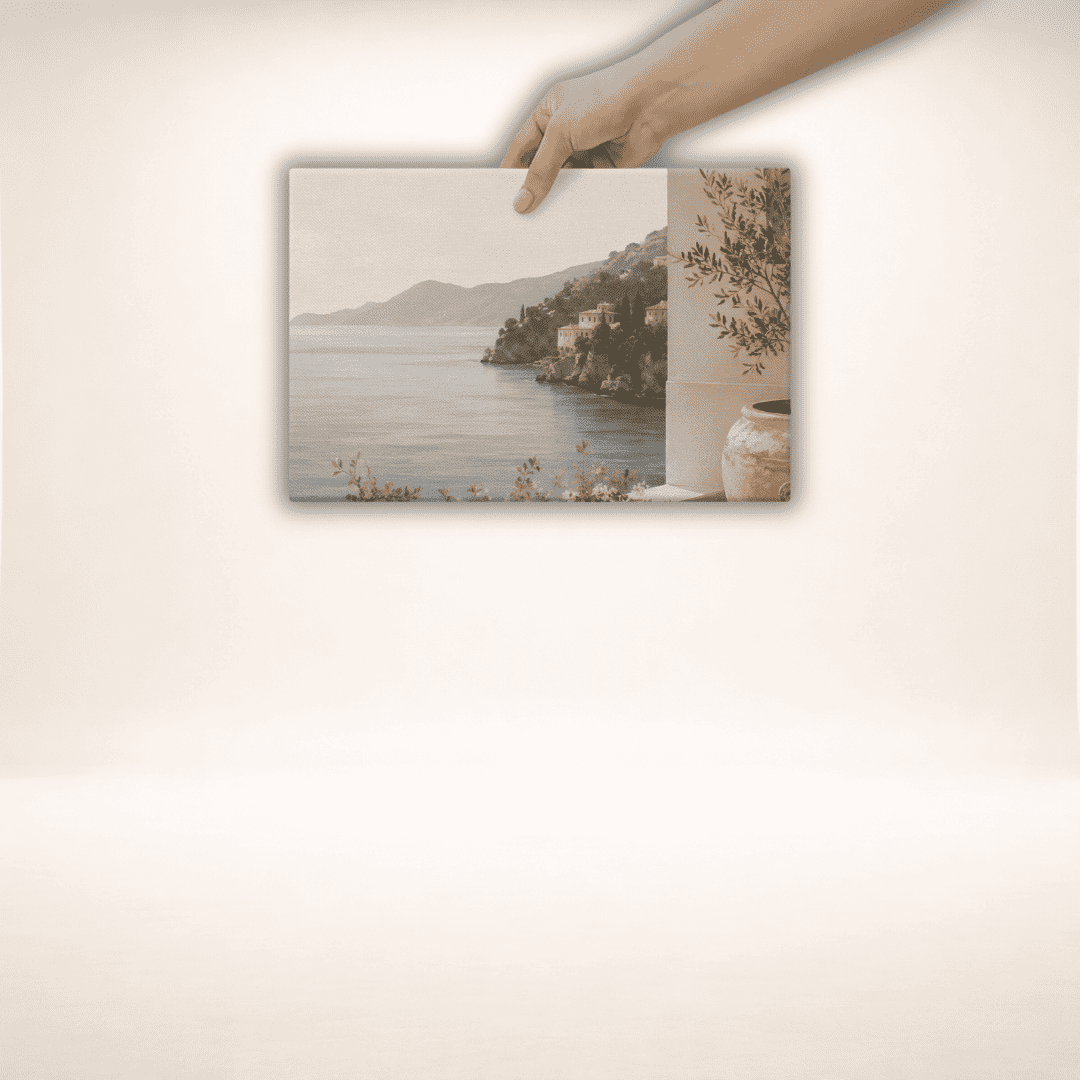 Leinwandbild Amalfi Stillness mit Küste und Olivenzweigen, Querformat in einer Hand