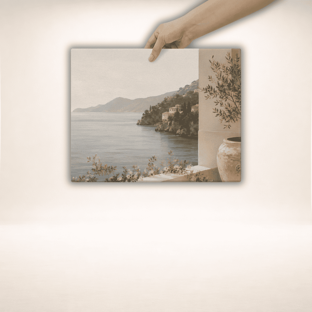 Leinwandbild Amalfi Stillness mit Küste und Olivenzweigen, Hochformat in einer Hand