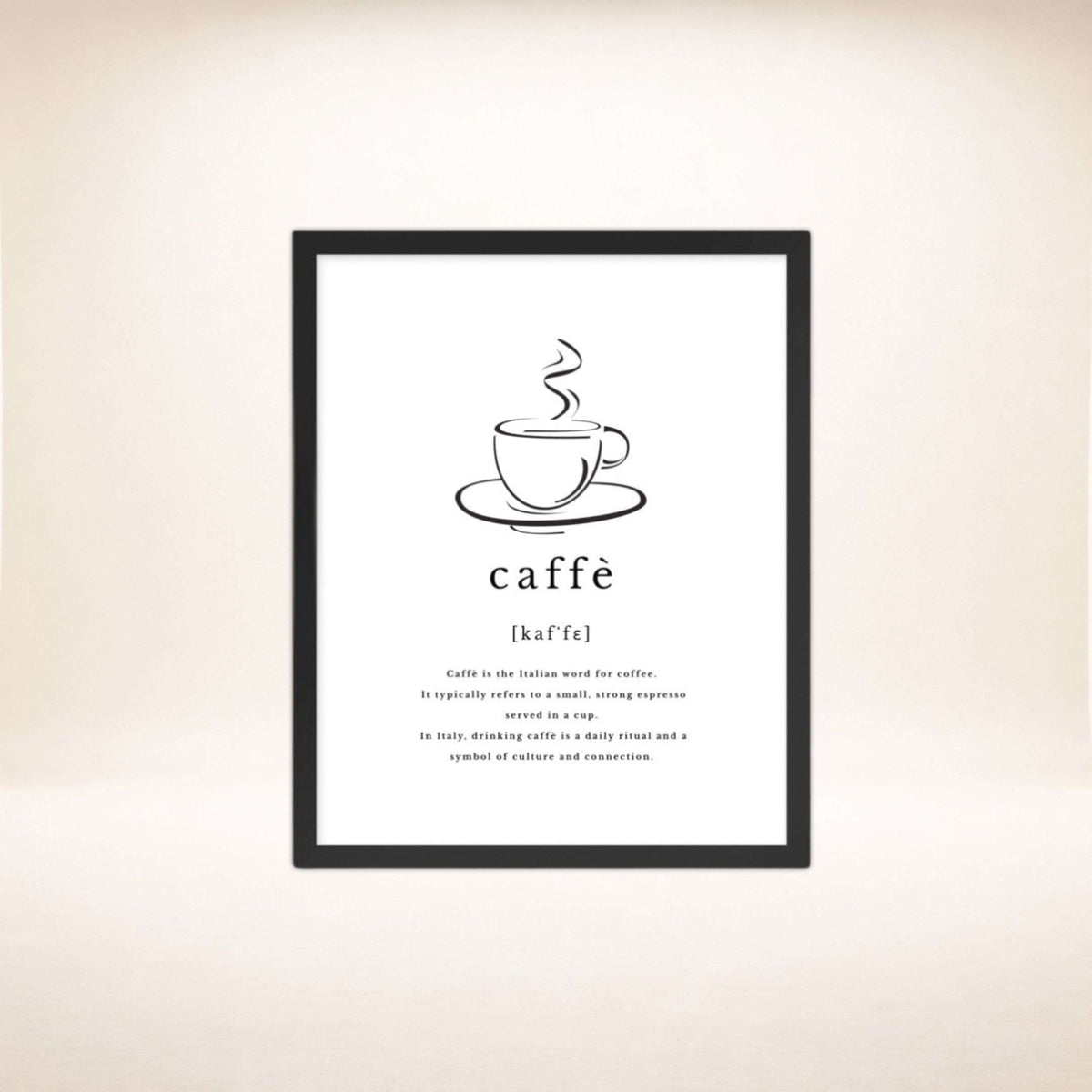 Caffè Poster im schwarzen Rahmen mit Kaffeetassen-Illustration und Definition