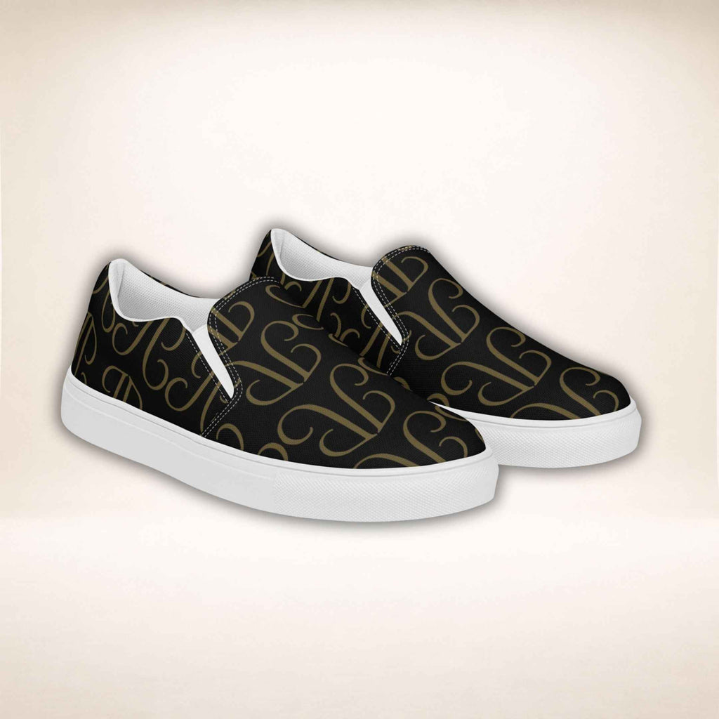 Sneaker Monogram Luxe in Schwarz und Goldtönen mit weißer Sohle, seitliche Paaransicht