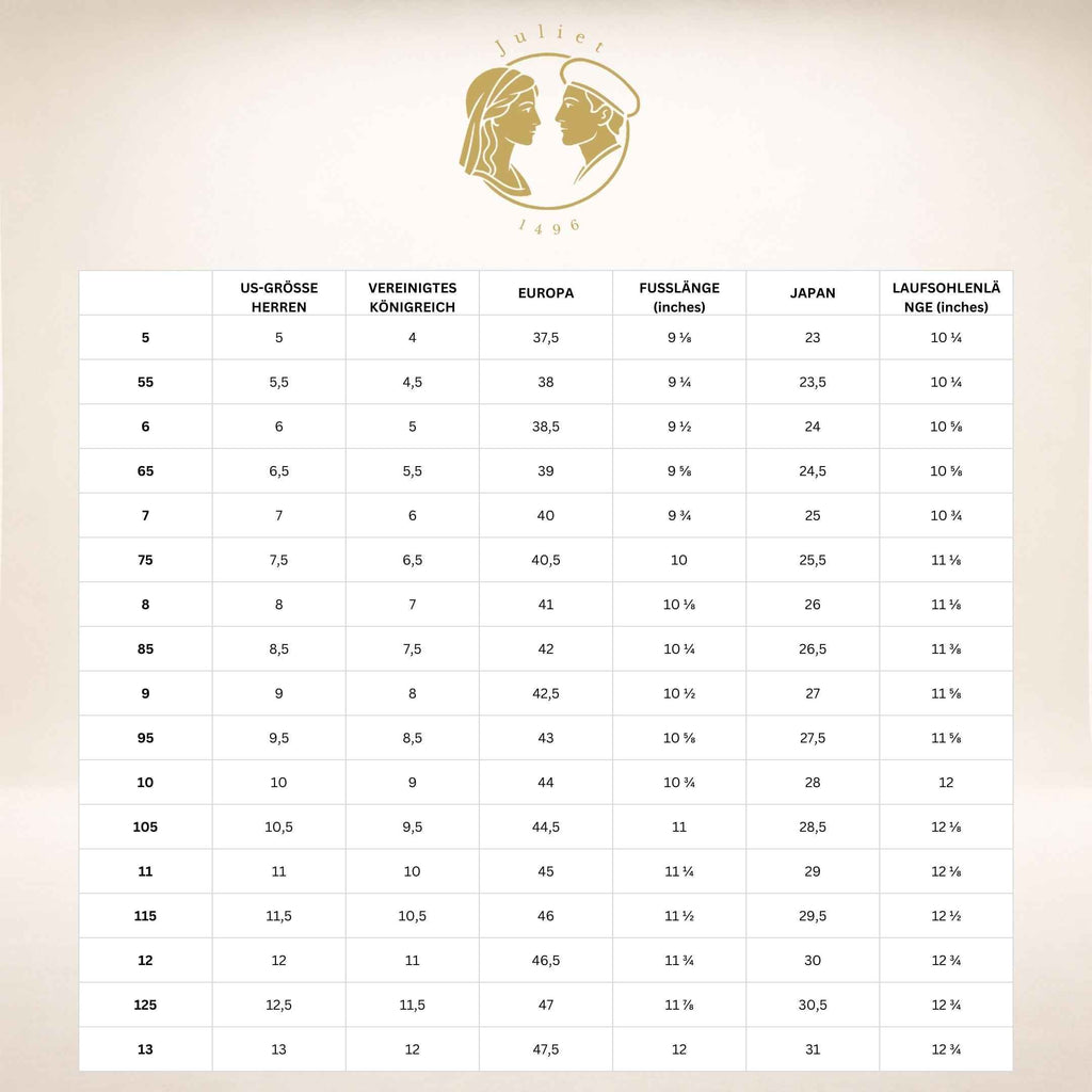 Größentabelle für die Sneaker Monogram Luxe mit internationaler Größenumrechnung