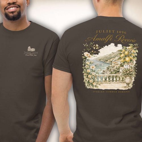 Amalfi Reverie T-Shirt in Dunkelbraun, Vorder- und Rückseite