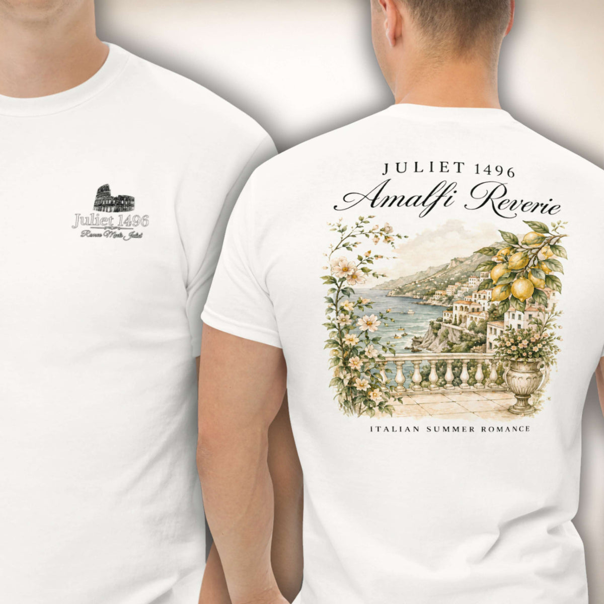 Amalfi Reverie T-Shirt in Weiß, Vorder- und Rückseite