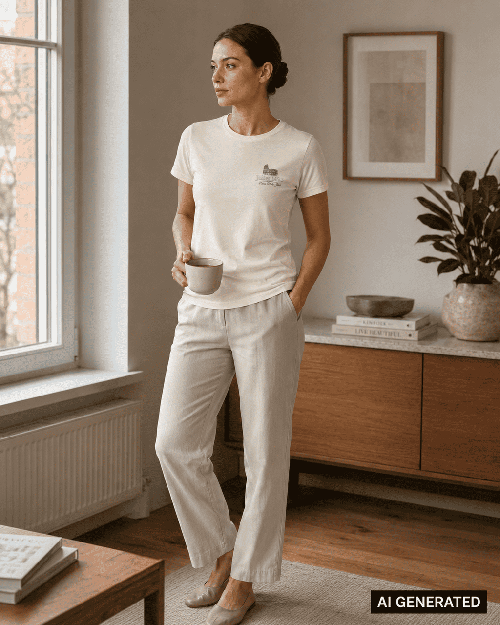 KI-Stylingbeispiel: Frau trägt das weiße Amalfi Reverie T-Shirt mit kleinem Brustmotiv in einem Wohnraum