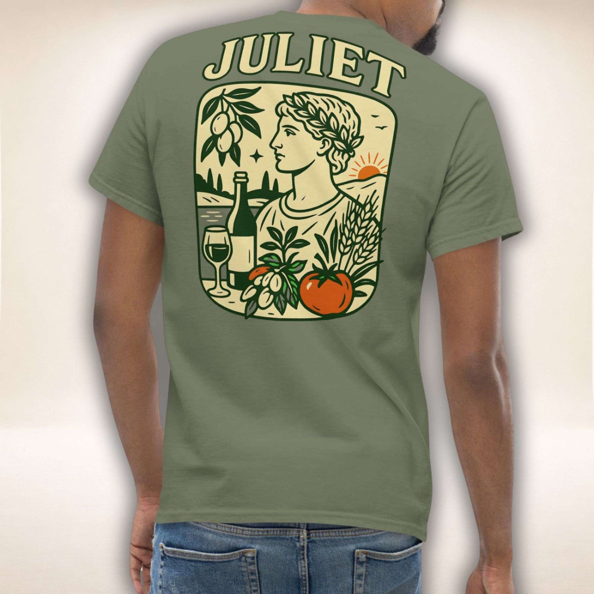 T-Shirt Giardino Romano in Militärgrün mit Profil, Pflanzen und Früchten als Rückenmotiv