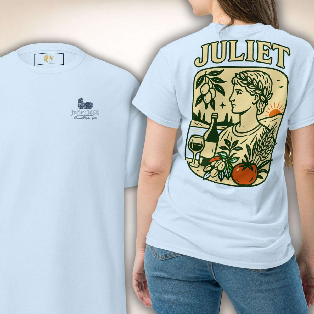 Giardino Romano T-Shirt in Hellblau, Vorder- und Rückseite