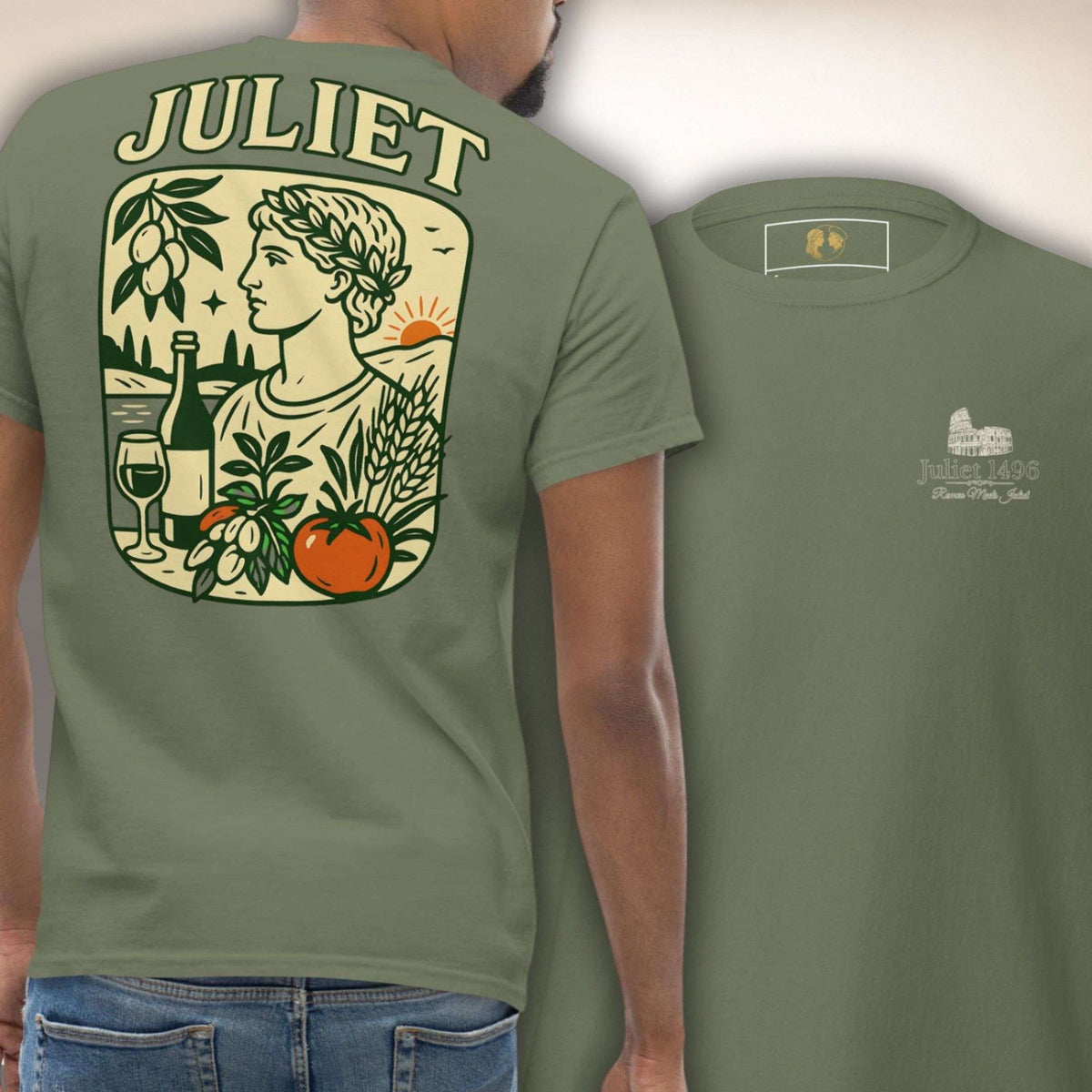 Giardino Romano T-Shirt in Olivgrün, Vorder- und Rückseite