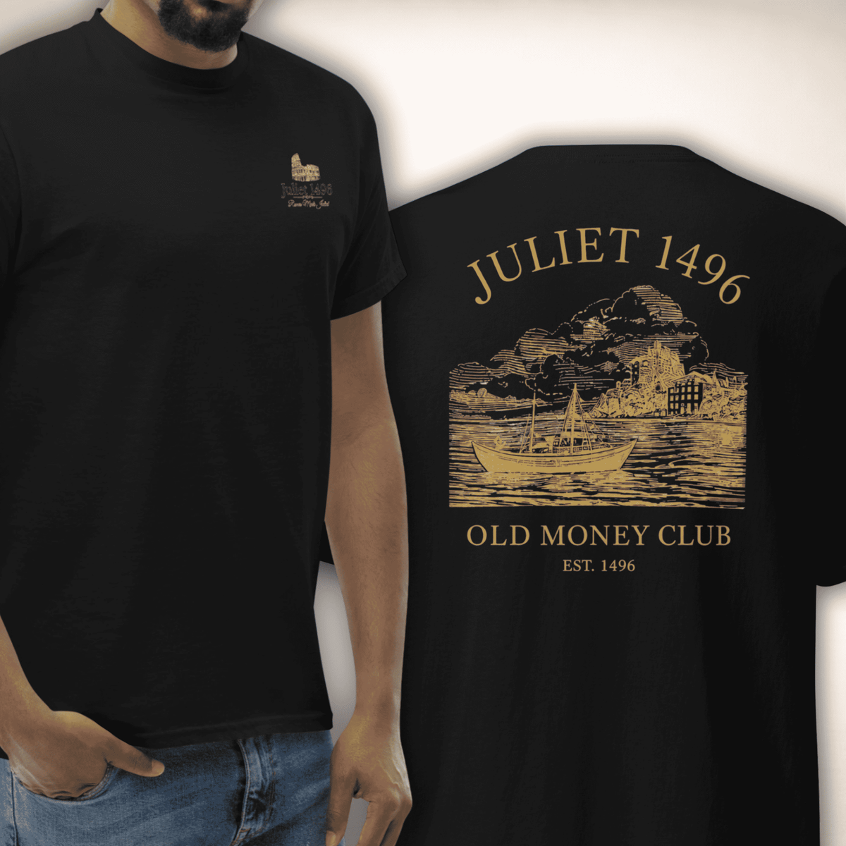 Old Money Club T-Shirt in Schwarz, Vorder- und Rückseite mit goldfarbenem Druck